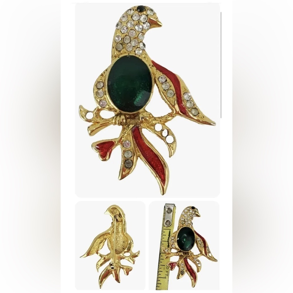 Vtg Brooch Bird Pin Multicolor Gold Green Red Clear Rhinestones Unsigned 1x1.5”